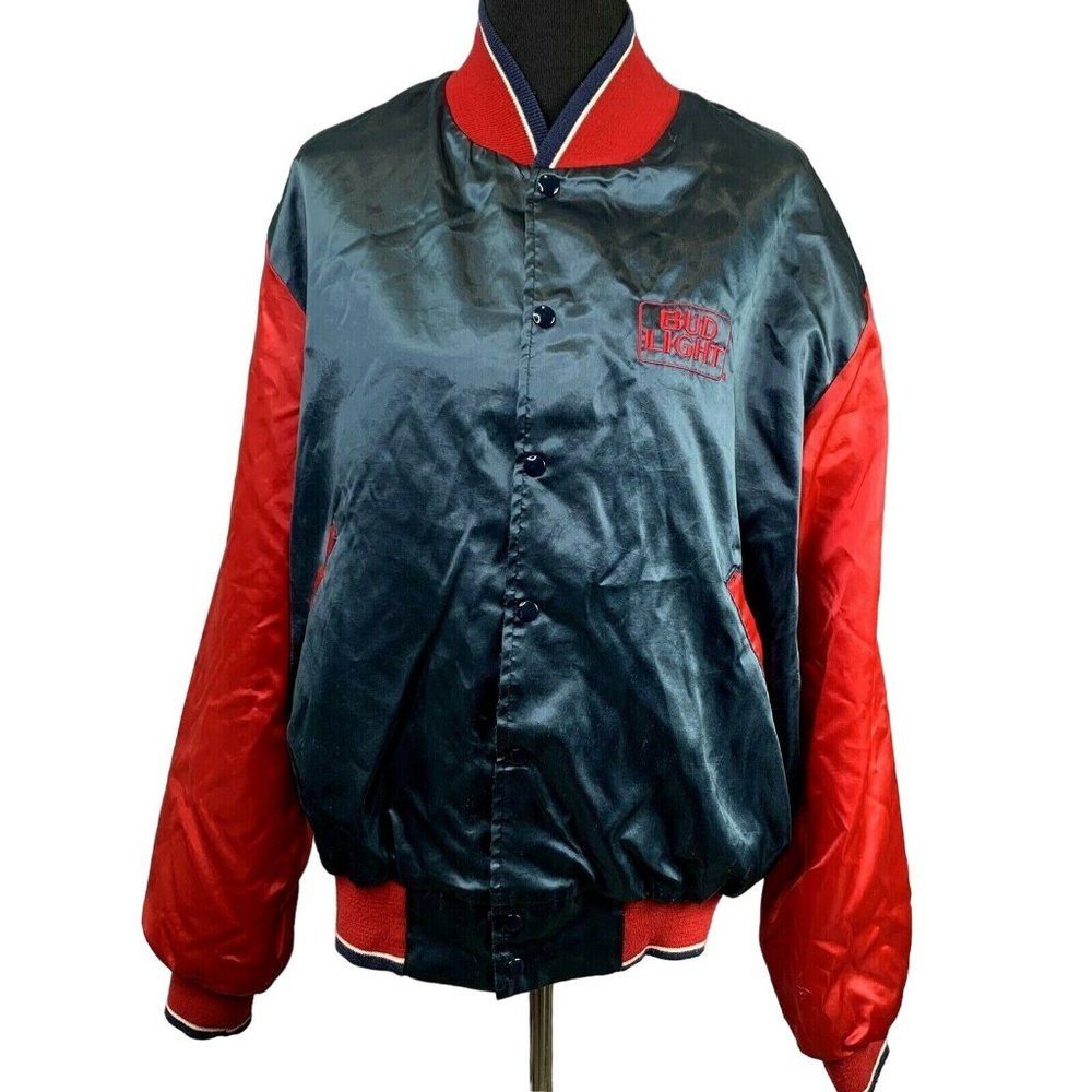 Vintage Bud Light Satin Jacket size XL Men Blue Red Embroidered Beer Logo Lined